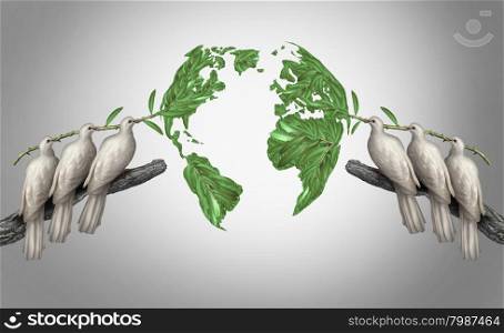 Global relations concept as a group of white peace doves holding olive branches coming together from the east and west to form a world map as a symbol for peace talks between nations.