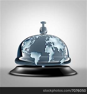 Global service symbol as a front desk hotel bell with the world embosed in the silver as a metaphor for globe communication services and vacation hospitality icon as a 3D illustration.
