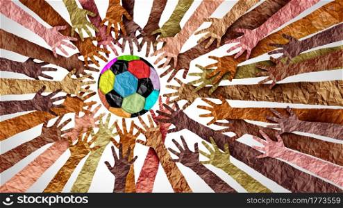 Global soccer and diversity sport partnership as heart hands in a group of people connected together as a support symbol holding a ball expressing the feeling of teamwork and togetherness. with 3D illustration elements.