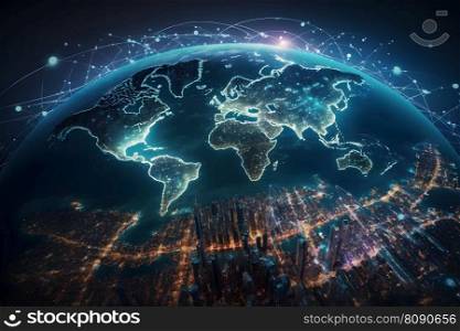 Global social network. Future. Blue futuristic background with planet Earth. Internet and technology. Neural network AI generated art. Global social network. Future. Blue futuristic background with planet Earth. Internet and technology. Neural network AI generated