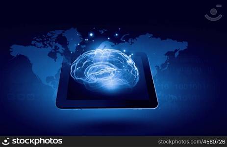 Global technologies concept with tablet pc and media icons. Modern networking business