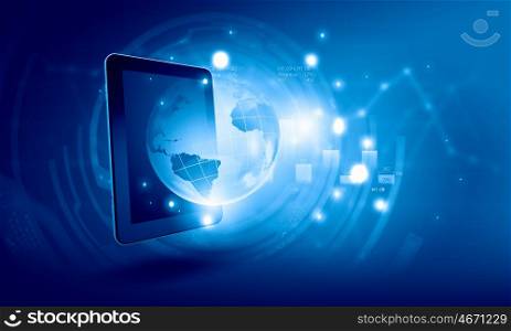 Global technologies concept with tablet pc and media icons. Modern networking business
