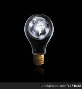 Global technologies. Glass light bulb with digital earth planet inside