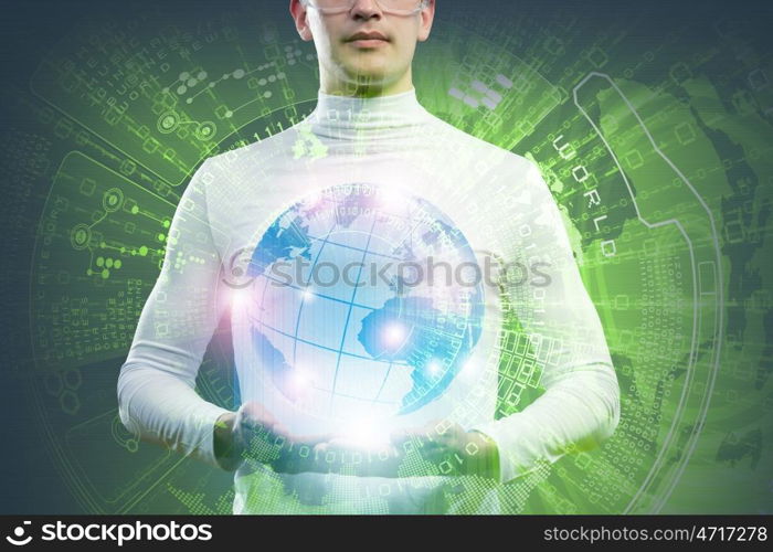 Global technologies. Man holding globe in hands. Futuristic concept