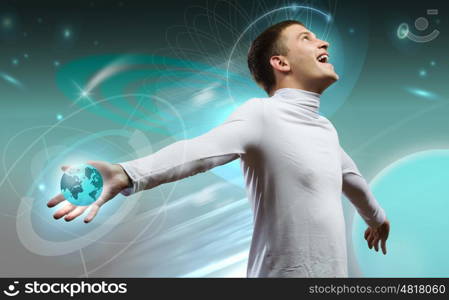 Global technologies. Man holding globe in hands. Futuristic concept