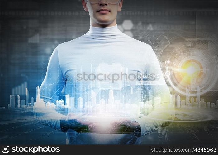 Global technologies. Man holding globe in hands. Futuristic concept