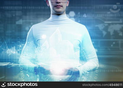 Global technologies. Man holding globe in hands. Futuristic concept