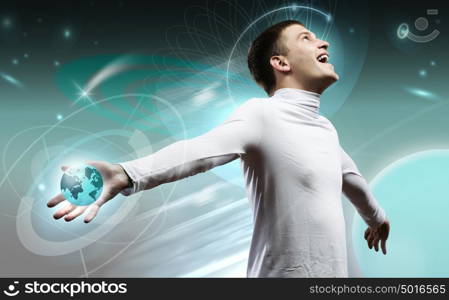 Global technologies. Man holding globe in hands. Futuristic concept