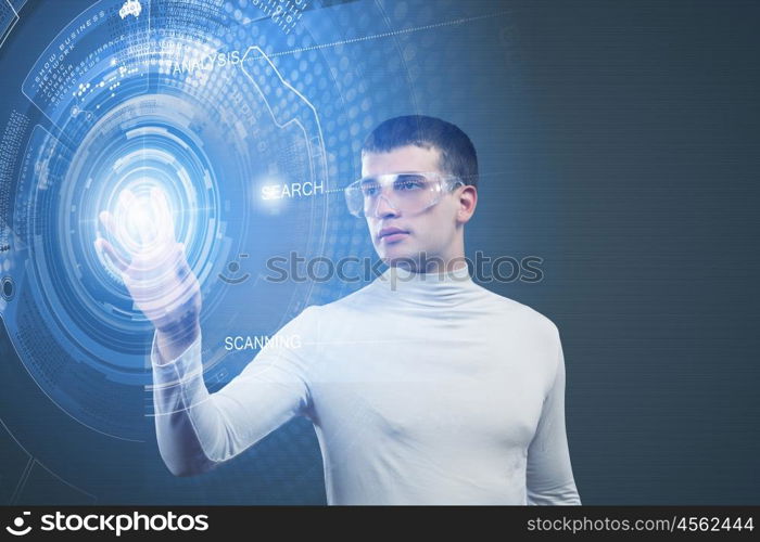 Global technologies. Man in white touching icon of media screen