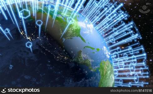 Global telecommunication network of communication and internet around the planet Earth. 3D render. Elements of this image furnished by NASA.
