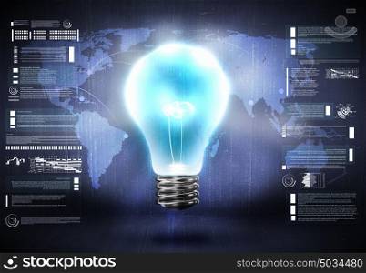 Global thinking. Conceptual image with light bulb and world map at background