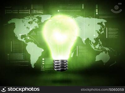 Global thinking. Conceptual image with light bulb and world map at background