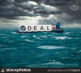 Global trading with container ship carrying Brexit deal concept for December 2020 if no trade deal with EU happens and no deal exit results. Global trading with container ship carrying Brexit containers as concept for December 2020