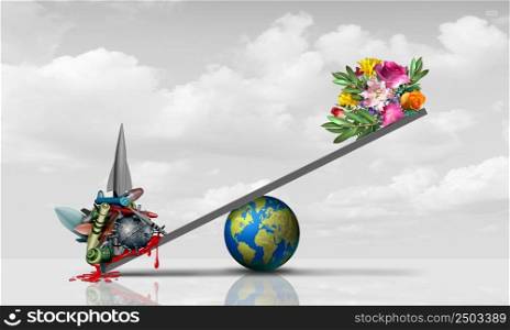Global war concept and international conflict symbol with a world scale icon with heavy weapons versus flowers and olive branches as a diplomacy idea with 3D illustration elements.
