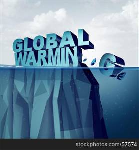 Global warming and arctic ice melting of the polar caps concept as an environmental weather change disaster as an iceberg or glacier shaped as text breaking off and melting as a 3D illustration.