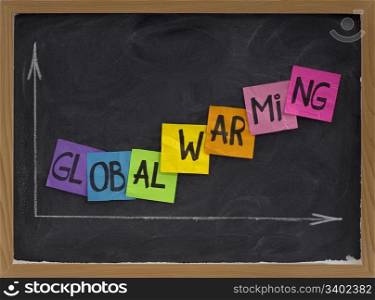global warming concept - colorful sticky notes and white chalk drawing on blackboard