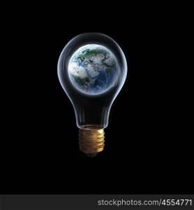 Global warming. Glass light bulb and Earth planet inside. Elements of this image are furnished by NASA