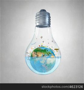 Global warming. Glass light bulb filled with water and floating Earth planet. Elements of this image are furnished by NASA