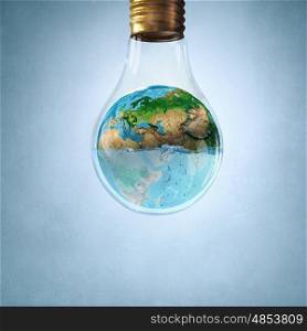 Global warming. Glass light bulb filled with water and floating Earth planet. Elements of this image are furnished by NASA