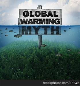 Global warming myth and climate change or extreme weather conditions concept and rising sea levels due to hot weather and melting of the polar ice caps as a mountain under water flooded with 3D illustration elements.