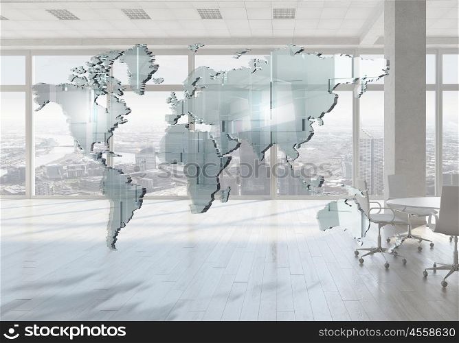 Global wireless connection. Elegant office interior and global wireless connection