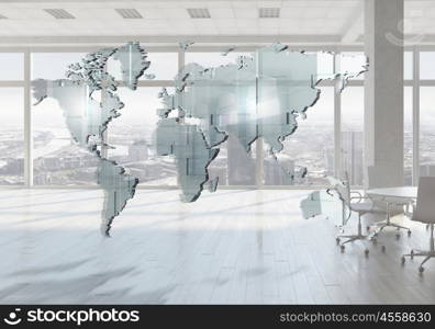 Global wireless connection. Elegant office interior and global wireless connection