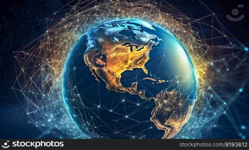 Global world network and telecommunication on earth. Communication technology for internet business. Generative AI. High quality illustration. Global world network and telecommunication on earth. Communication technology for internet business. Generative AI