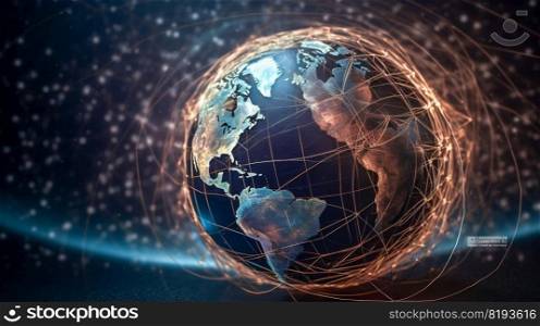Global world network and telecommunication on earth. Communication technology for internet business. Generative AI. High quality illustration. Global world network and telecommunication on earth. Communication technology for internet business. Generative AI