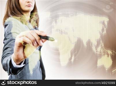 Globalization concept. Close up of businesswoman touching icon of media screen