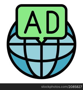 Globe and advertising icon. Outline globe and advertising vector icon color flat isolated. Globe and advertising icon color outline vector