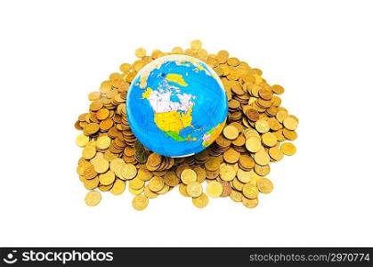 Globe and coins isolated on the white background