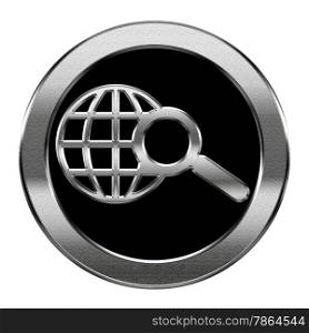 globe and magnifier icon silver, isolated on white background.