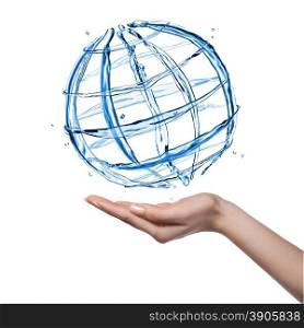 Globe from water with human hand isolated on white