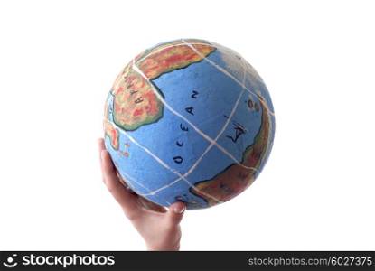 globe in a human hand isolated on white