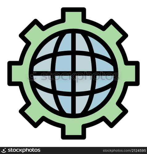 Globe in gear icon. Outline globe in gear vector icon color flat isolated. Globe in gear icon color outline vector
