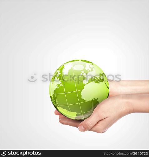 Globe in human hand against blue sky. Environmental protection concept.