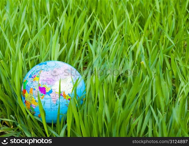 globe is placed on green grass