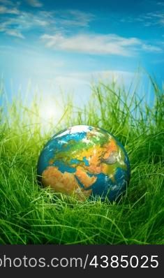Globe lies on green grass. Concept - Earth Day.