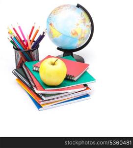 Globe, notebook stack and pencils. Schoolchild and student studies accessories. Back to school concept.