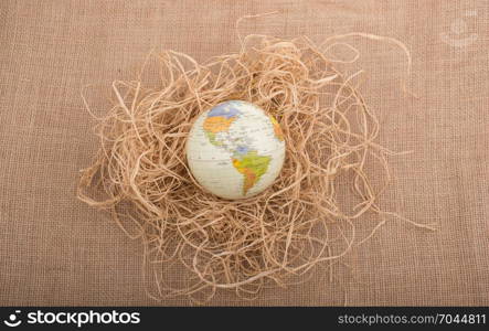 Globe placed on straw on canvas background