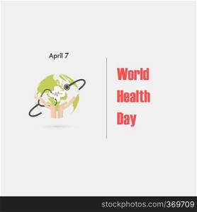 Globe sign,human hand and stethoscope vector logo design template.World Health Day icon.World Health Day idea c&aign concept.Vector illustration