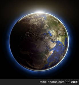 Globe sunset 3d rendering. Globe sunset 3d rendering. Earth map from NASA. Globe sunset 3d rendering