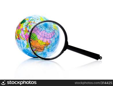 Globe under magnifying glass zooming Russia and China on white background