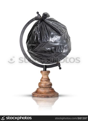 Globe with a garbage plastic bag isolated on white background