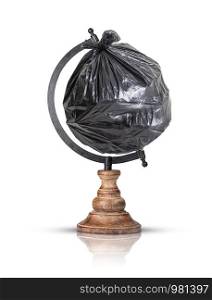 Globe with a garbage plastic bag isolated on white background