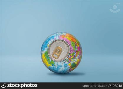 Globe with can lid on blue background, minimal style, beverage and drink concept.