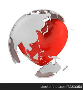 Globe with heart, Asian part isolated on white background