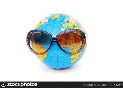 Globe with sunglasses isolated on the white