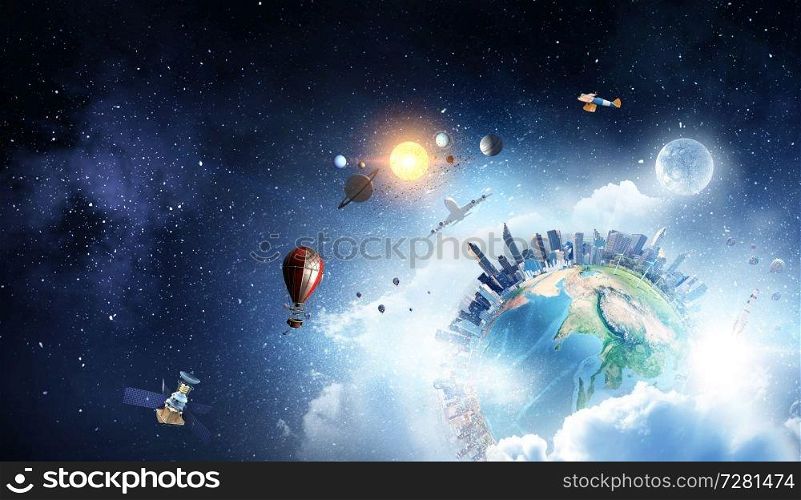 Globe with urban skyline against cloudy sky and starry dark blue space background. Earth planet with city skyline on sky and space background