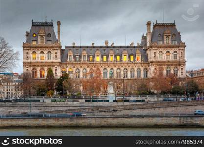Gloomy cityscape with Paris City Hall or Hotel de Ville in the winter day, France
